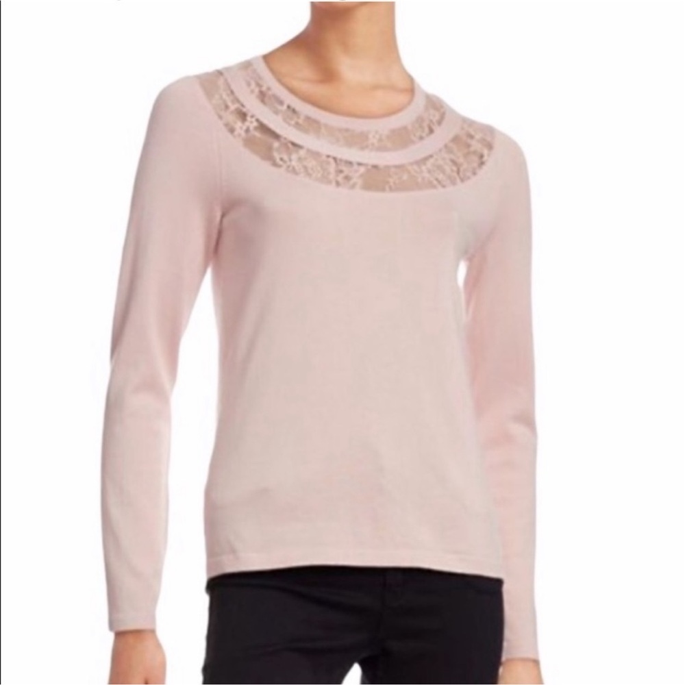 Vince Camuto classic cotton pink longsleeve pullover sweater lace neckline large